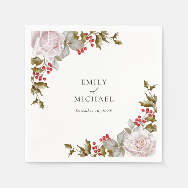 Serviette En Papier Romantique Hiver Floral et Evergreens Mariage (Devant)
