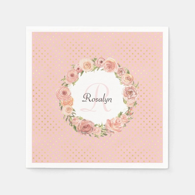 Serviette En Papier Romantique or pointillé Rose Floral Nom monogrammé (Devant)