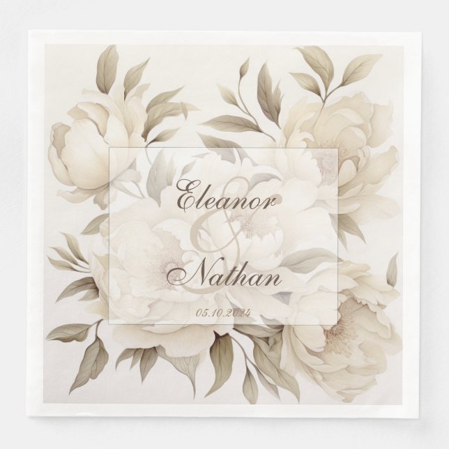 Serviette En Papier Romantique Peonies Beige Floral Mariage de automne (Devant)