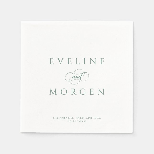 Serviette En Papier Romantique Personnalisable Vert Mariage Typographi (Devant)