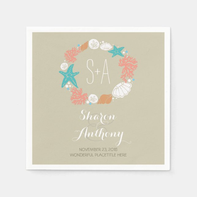 Serviette En Papier Romantique Plage Trésors Mariage Papier Napkins (Devant)