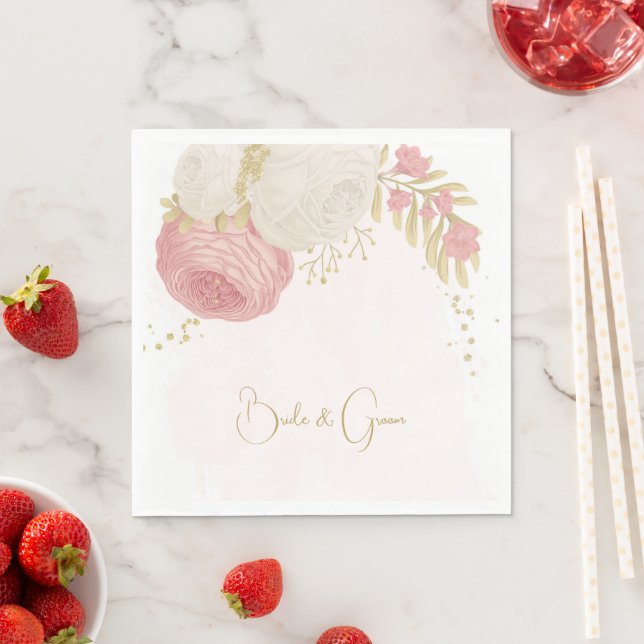 Serviette En Papier Romantique rose & fleurs blanches or (En situation)