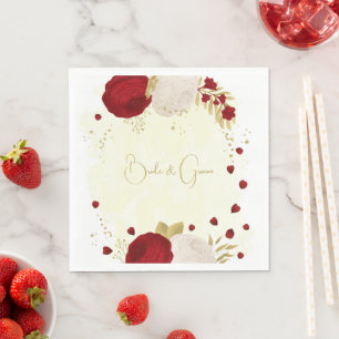 Serviette En Papier Romantique rouge foncé & fleurs blanches or