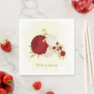 Serviette En Papier Romantique rouge foncé & fleurs blanches or