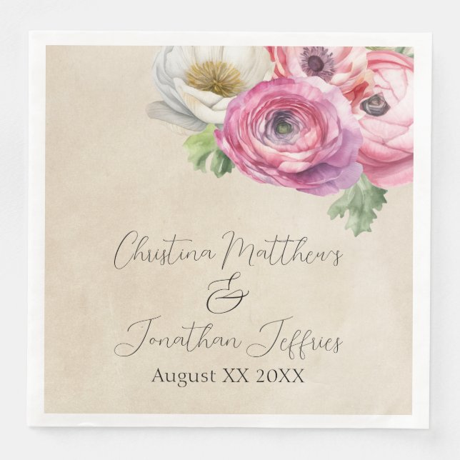 Serviette En Papier Romantique Rustique rose & blanc Ranunculus (Devant)