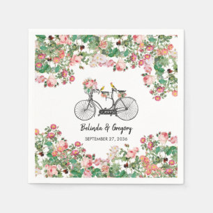 Serviette En Papier Romantique Vintage Vélo Fleurs & Oiseaux Mariage