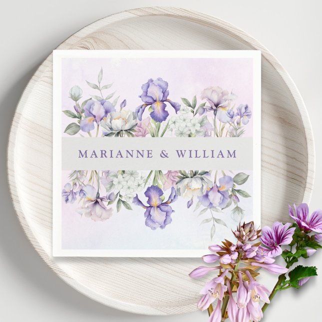 Serviette En Papier Romantique violet iris et pivoines Mariage floral (Romantic Purple Iris and Peonies Floral Wedding Napkins)
