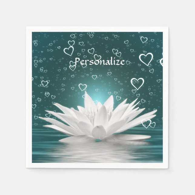 Serviette En Papier Romantique Zen Blanc Lotus & Coeurs Personnaliser (Devant)