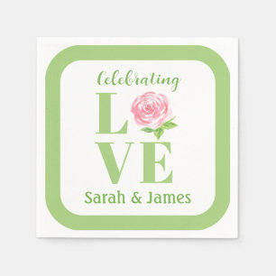 Serviette En Papier Rose aquarelle LOVE Nom Mariage