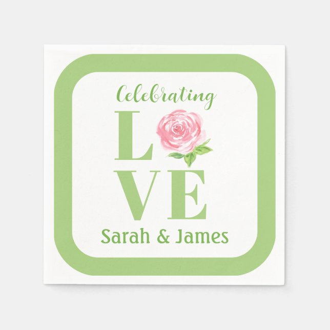Serviette En Papier Rose aquarelle LOVE Nom Mariage  (Devant)