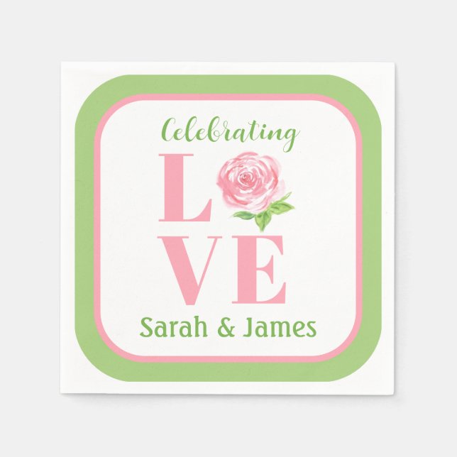 Serviette En Papier Rose aquarelle LOVE NOM Mariage Vert (Devant)