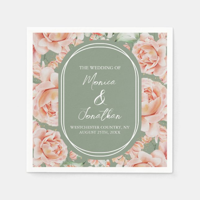 Serviette En Papier Rose Aquarelle Sage Vert Mariage rose pâle (Devant)