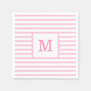Serviette En Papier Rose bébé et rayures blanches Monogramme personnal