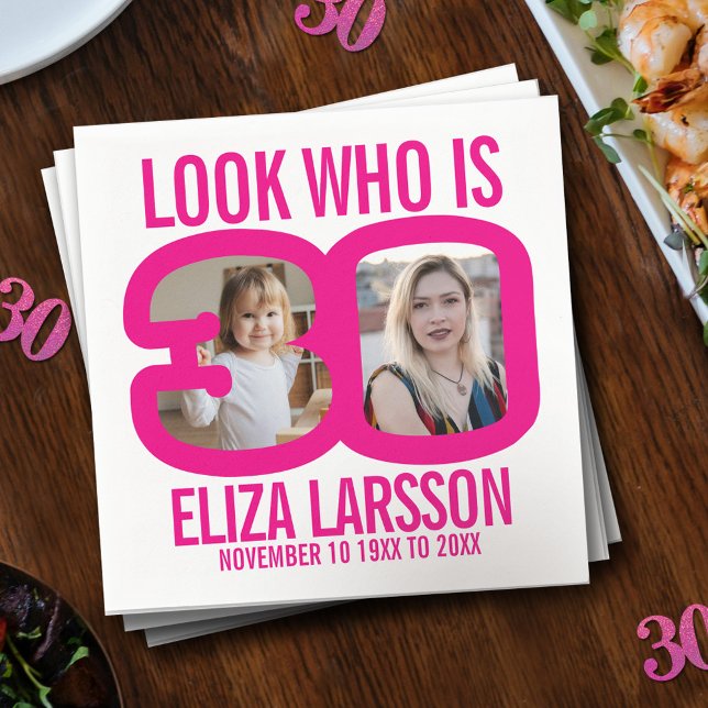 Serviette En Papier Rose blanc 30e anniversaire deux photos regardez q (Créateur téléchargé)