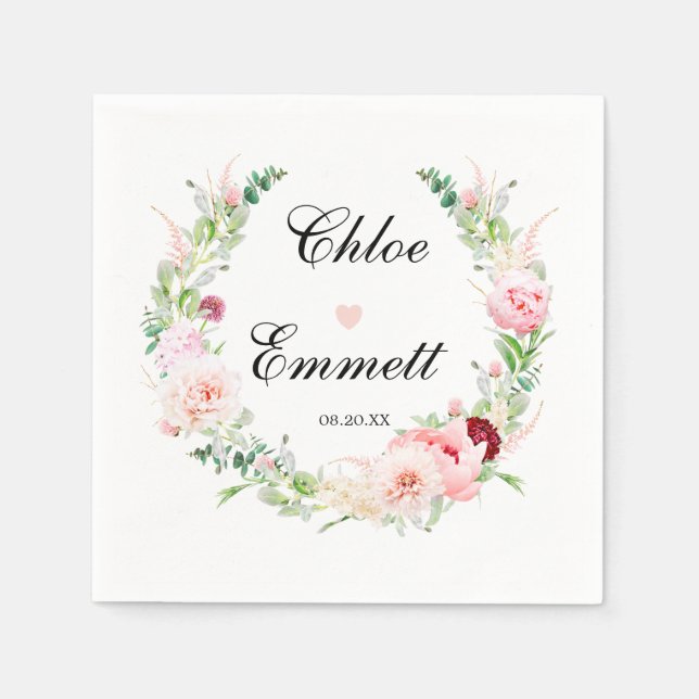 Serviette En Papier Rose Blanc Floral Coeur Romantique Mariage serviet (Devant)