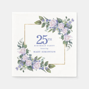 Serviette En Papier Rose Blanche Fête Personnalisée Bleu Floral 25ème