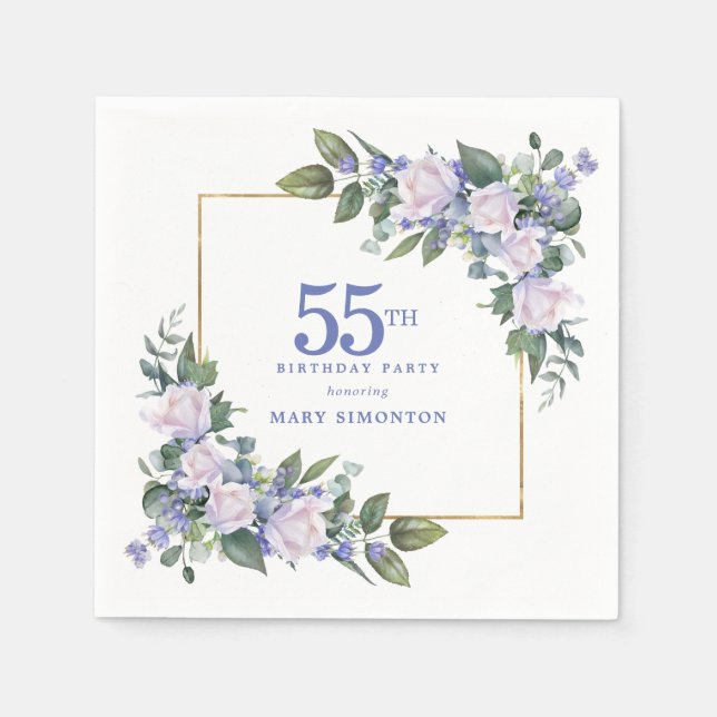 Serviette En Papier Rose Blanche Fleur Bleue Fête d'anniversaire perso (Devant)