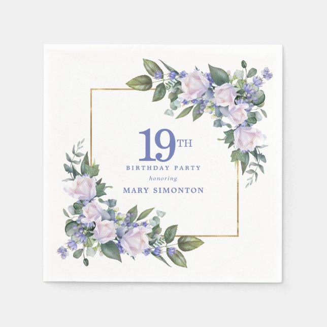 Serviette En Papier Rose Blanche Fleur Bleue Fête d'anniversaire perso (Devant)