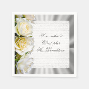 Serviette En Papier Rose blanche florale et argent mariage