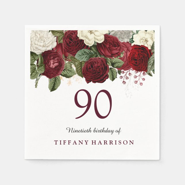 Serviette En Papier Rose blanche rouge bordeaux 90e anniversaire (Devant)