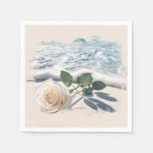 Serviette En Papier Rose Blanche Sur Sable De Plage