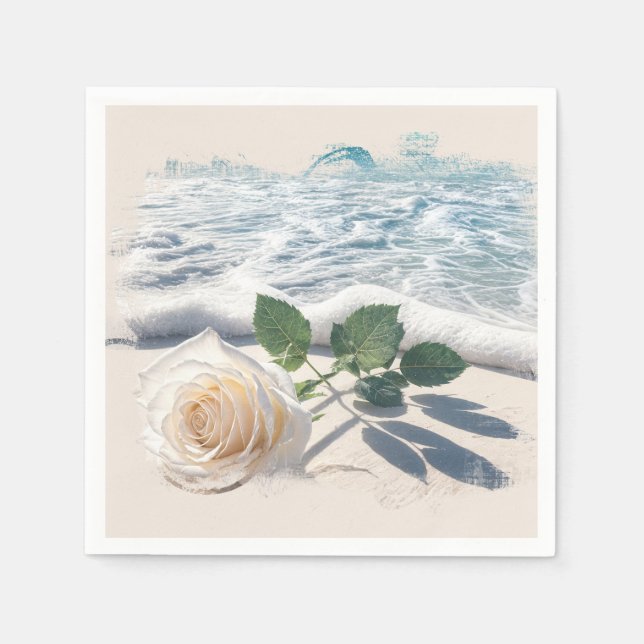 Serviette En Papier Rose Blanche Sur Sable De Plage  (Devant)