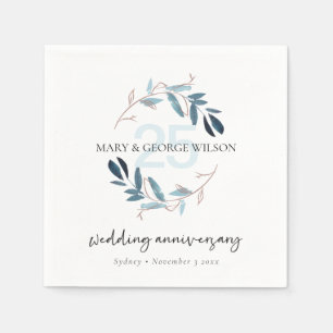 SERVIETTE EN PAPIER ROSE BLEU FOLIAGE WREATH TOUTE ANNÉE 25 ANNIVERSA