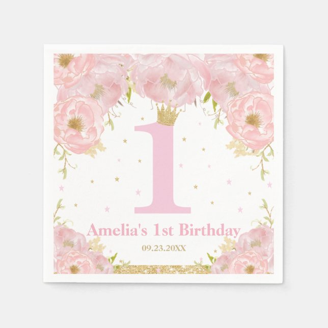 Serviette En Papier Rose Blush Floral Or 1er anniversaire fille prince (Devant)