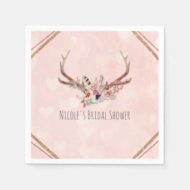 Serviette En Papier Rose Blush Rose Floral Deer Antlers Boho Chic (Devant)