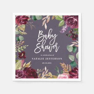 Serviette En Papier Rose, bordeaux + fig aquarelle floral et script