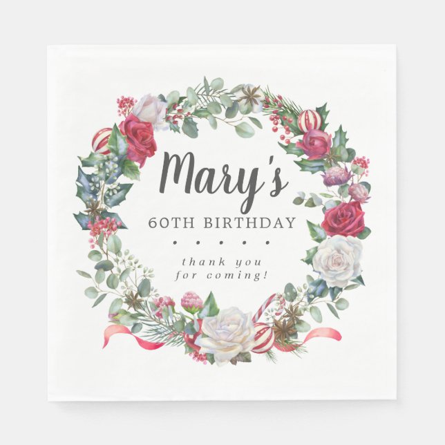 Serviette En Papier Rose Botanique d'hiver 60e anniversaire Elégant (Devant)