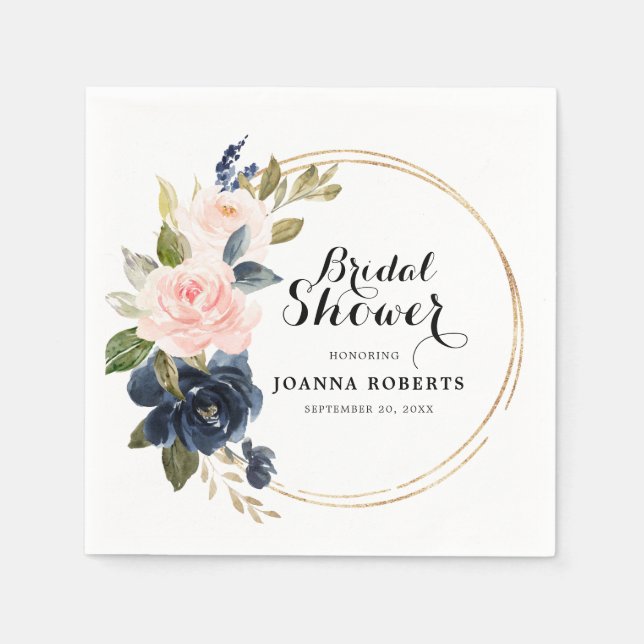 Serviette En Papier Rose botanique rose et bleu marine (Devant)