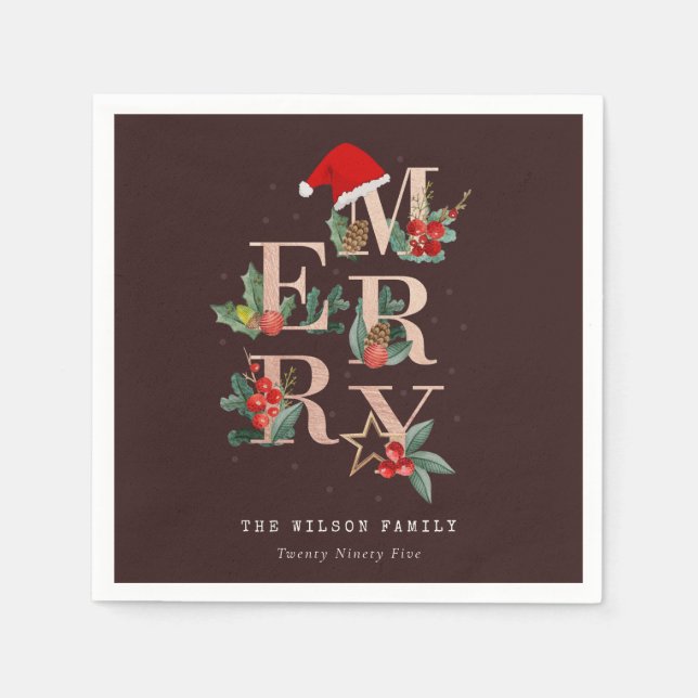 Serviette En Papier Rose Brown Gold Red Green Joyeux Noël Folio (Devant)