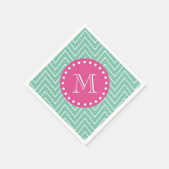 Serviette En Papier Rose Chaud, Chevron Vert Menthe | Votre monogramme (Coin)
