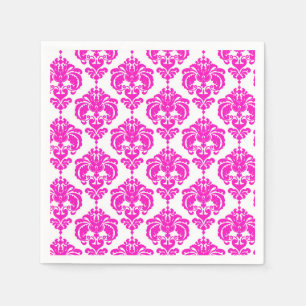 Serviette En Papier Rose Chaude & Blanc Damassé Élégant Fête