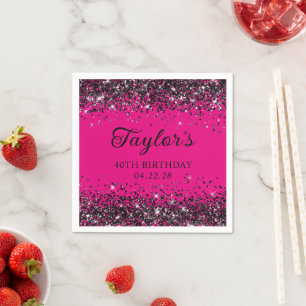 Serviette En Papier Rose Chaude et Paillettes Noires 40e Anniversaire