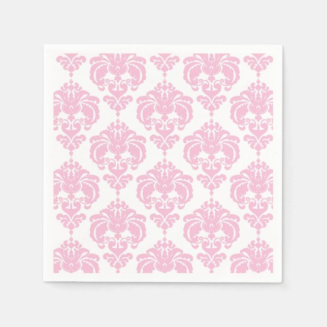 Serviette En Papier Rose Clair Et Blanc Damask Chic Élégant Fête (Devant)