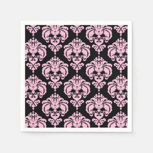 Serviette En Papier Rose Clair Noir Damas Chic Élégant Motif Fête