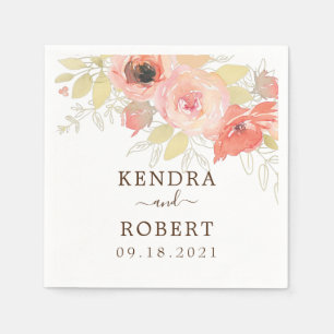 Serviette En Papier Rose Corail Rose Gold Feuilles Floral Mariage Fête
