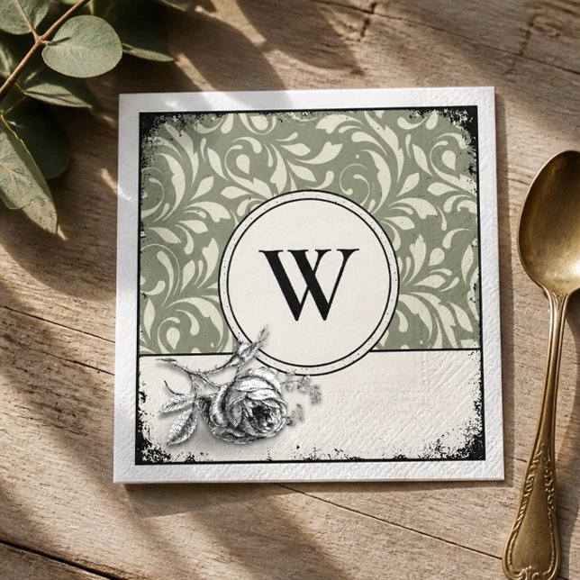 Serviette En Papier Rose damasque vert sauge monogramme gothique (Créateur téléchargé)