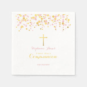 Serviette En Papier Rose de communion et confettis d'or