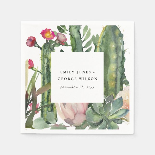 SERVIETTE EN PAPIER ROSE DÉSERT FLORAL CACTI FAUNA MARIAGE D'EAU (Devant)