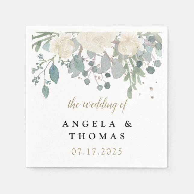 Serviette En Papier Rose d'hiver Blanc or Mariage Floral (Devant)