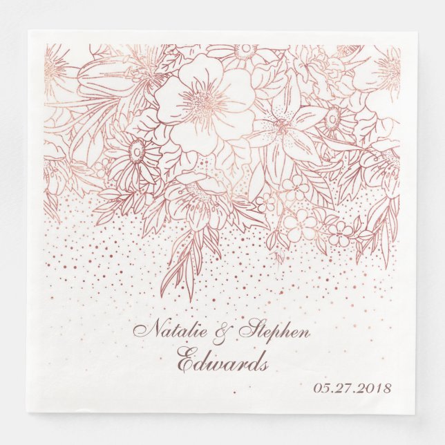 Serviette En Papier Rose doodé floral d'or confetti mariage (Devant)