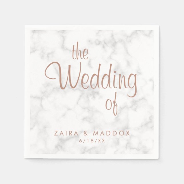 Serviette En Papier Rose en marbre Gold Script Mariage moderne (Devant)