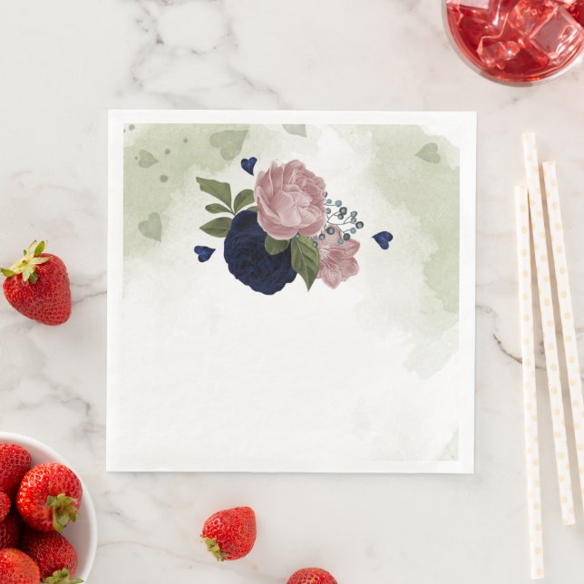 Serviette En Papier rose et bleu marine fleurs verdure (En situation)