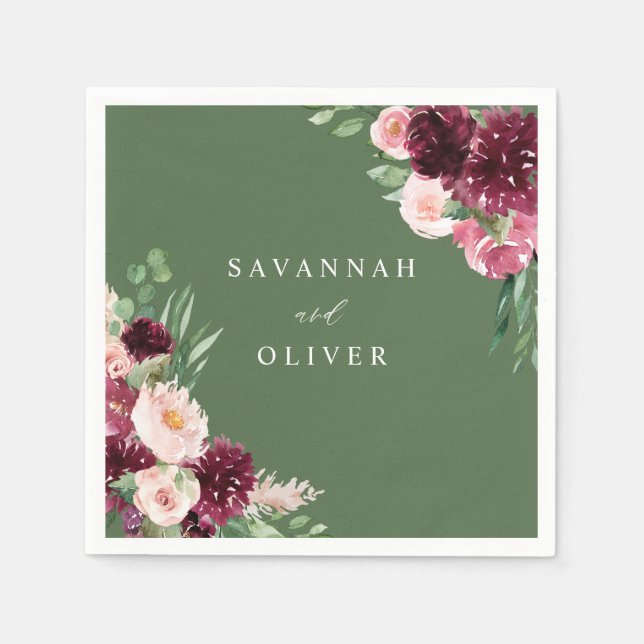 Serviette En Papier Rose et bordeaux floral 7 Nom - Vert (Devant)