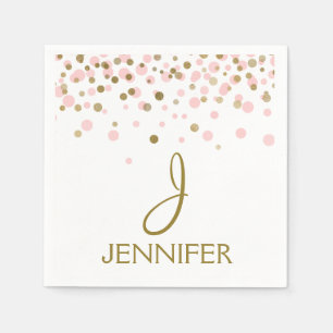 Serviette En Papier Rose et monogramme Girly de confettis de feuille