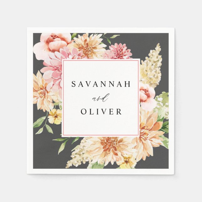 Serviette En Papier Rose et pêche floral et verdure nom - Gris (Devant)