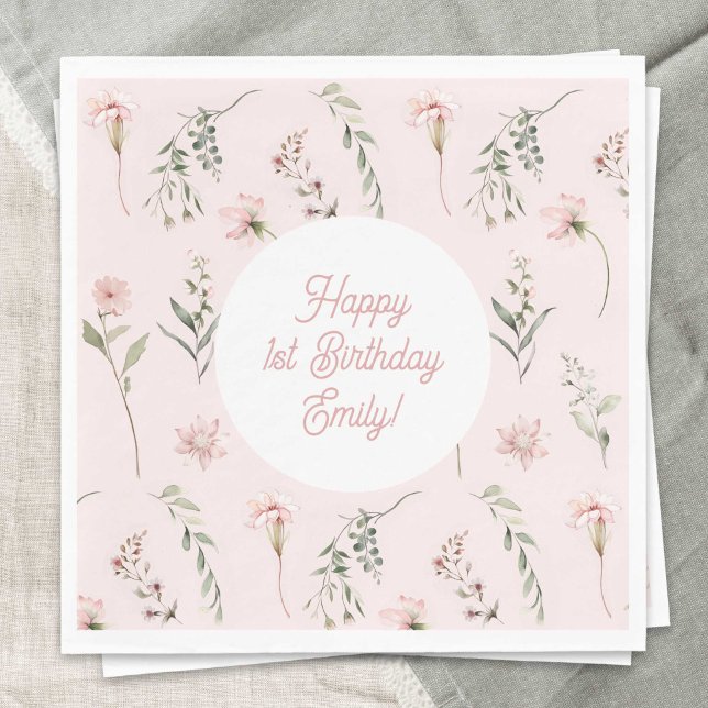 Serviette En Papier Rose fille 1er anniversaire Fleur sauvage et verdu (Watercolor Wildflower, Pink baby Girl 1st BIrthday paper napkins.)
